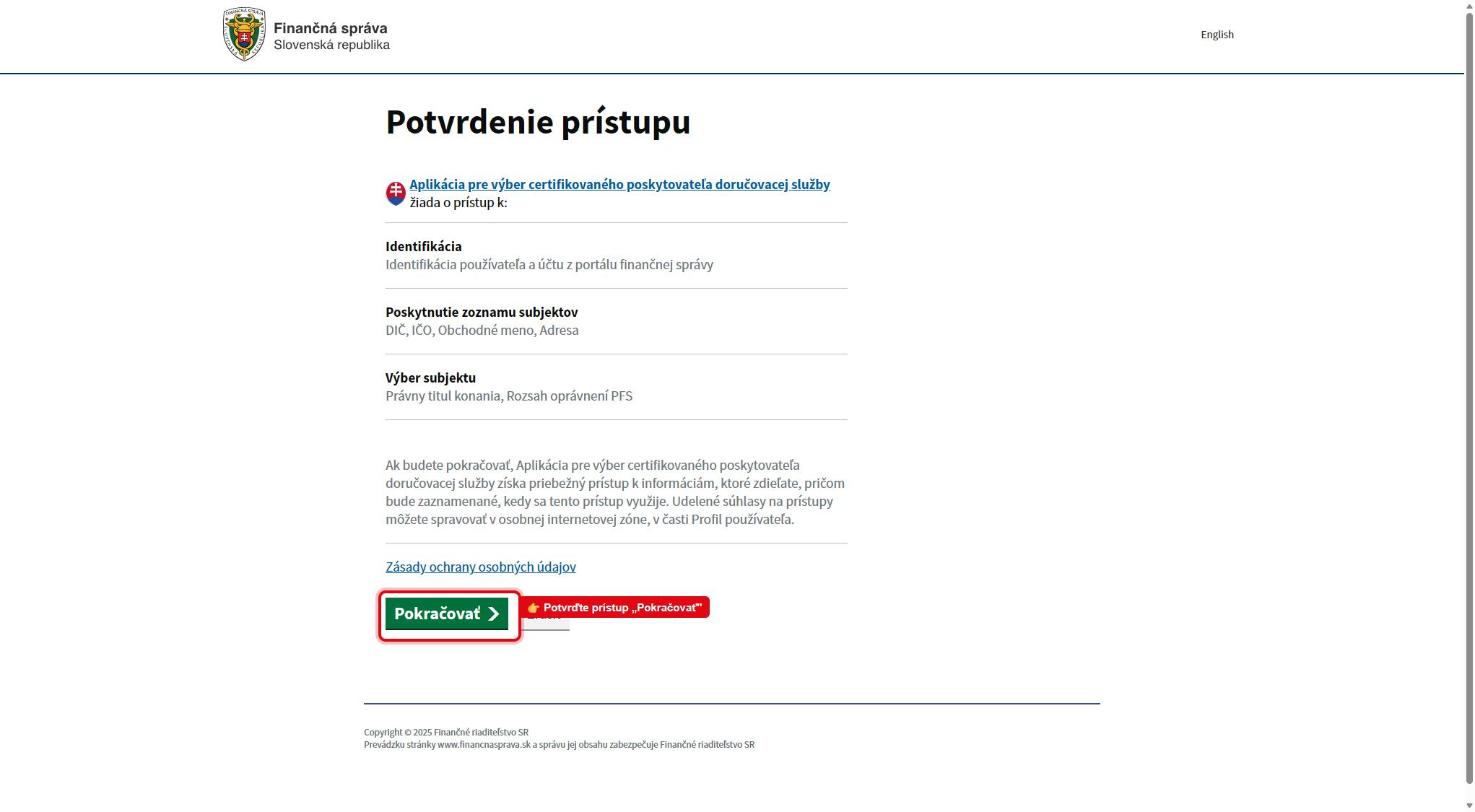 Potvrdenie prístupu — súhlas s poskytnutím identifikácie a zoznamu subjektov
