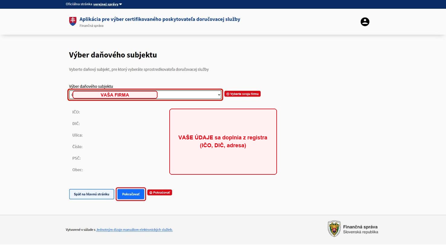 Výber daňového subjektu z rozbaľovacieho zoznamu